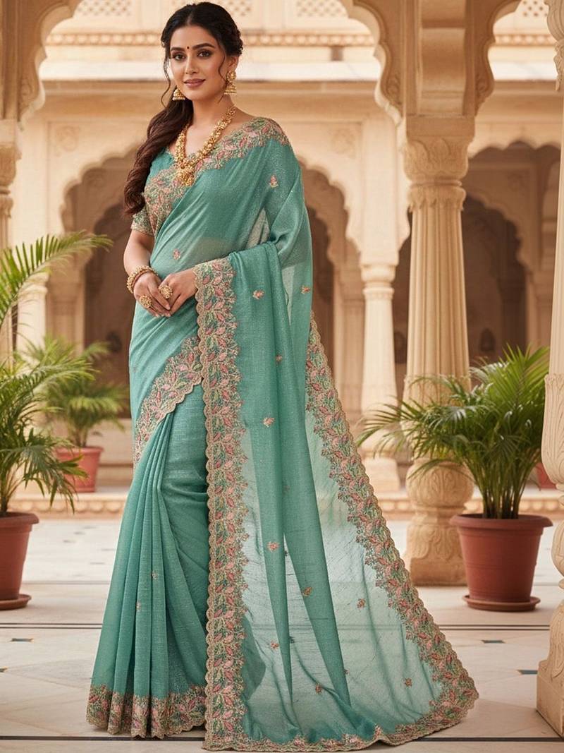 Sea green floral embroidered poly chiffon heavy work saree