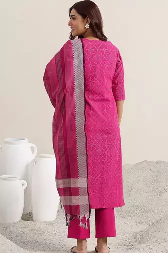 women ethnic motifs printed regular thread work kurta with trousers & with dupatta