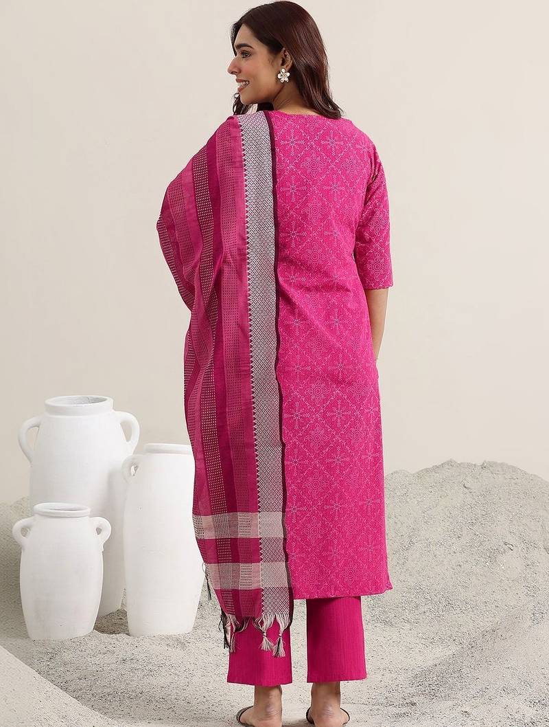 women ethnic motifs printed regular thread work kurta with trousers & with dupatta