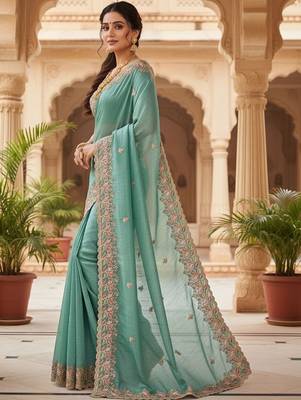 Sea green floral embroidered poly chiffon heavy work saree 2