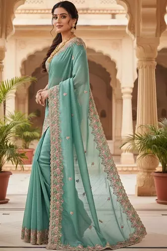 Sea green floral embroidered poly chiffon heavy work saree