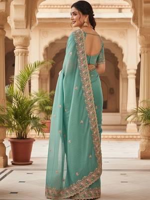 Sea green floral embroidered poly chiffon heavy work saree 3