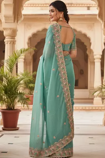 Sea green floral embroidered poly chiffon heavy work saree