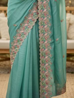Sea green floral embroidered poly chiffon heavy work saree 4