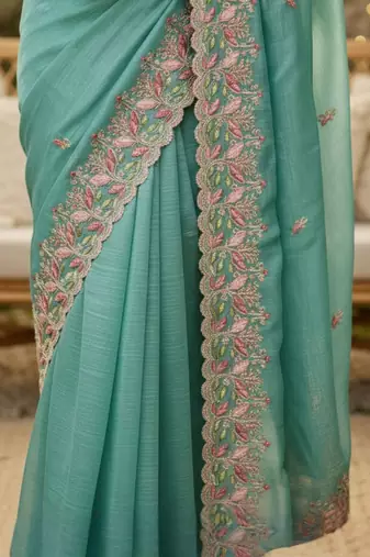Sea green floral embroidered poly chiffon heavy work saree