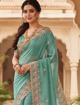 Sea green floral embroidered poly chiffon heavy work saree 5