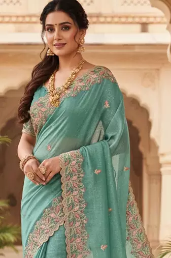 Sea green floral embroidered poly chiffon heavy work saree