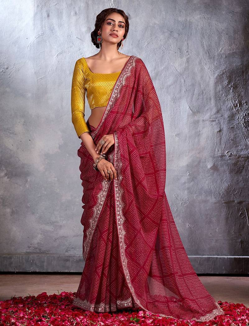 Maroon bandhani sequinned  chiffon saree