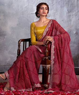 Maroon bandhani sequinned  chiffon saree 2