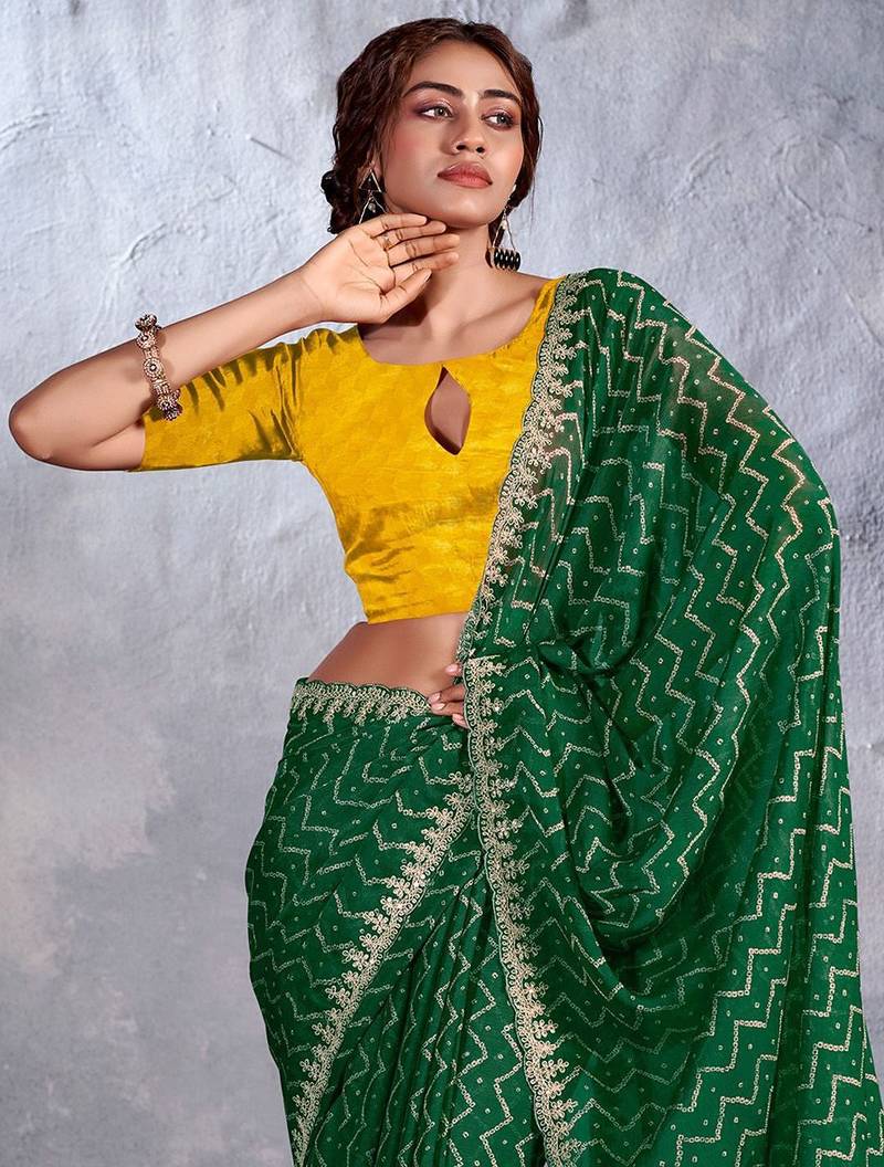 Green sequinned bandhani saree