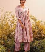 women floral printed empire mirror work kurta with trousers