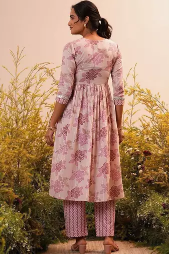 women floral printed empire mirror work kurta with trousers