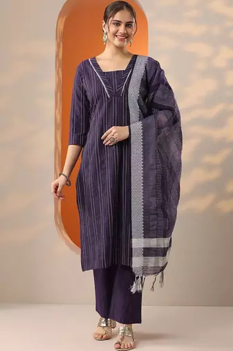 women striped regular kurta with trousers & with dupatta