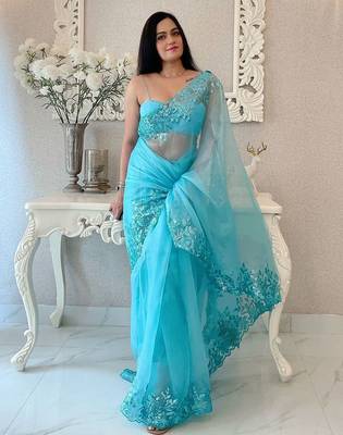 Turquoise floral embellished organza saree 1
