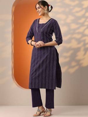 women striped regular kurta with trousers & with dupatta 3