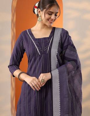 women striped regular kurta with trousers & with dupatta 6