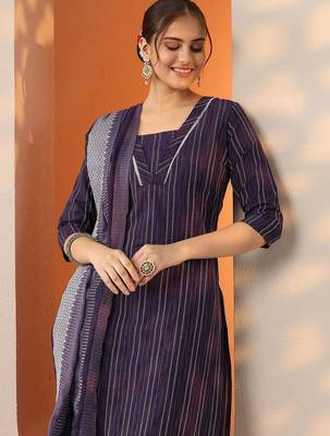 women striped regular kurta with trousers & with dupatta 7
