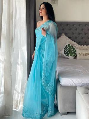 Turquoise floral embellished organza saree 2