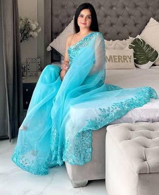 Turquoise floral embellished organza saree 4