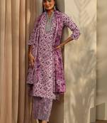 women ethnic motifs printed regular thread work kurta with trousers & with dupatta