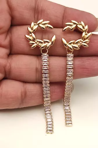 Anti-tarnish, long dangling bar, crystal baguette stones, stud back closure, party wear