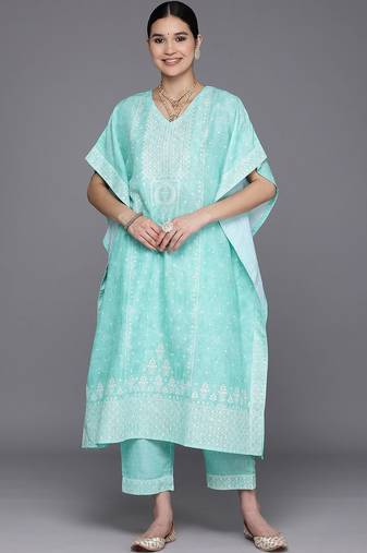 women ethnic motifs printed regular thread work kurta with trousers