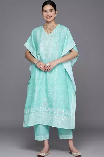 women ethnic motifs printed regular thread work kurta with trousers