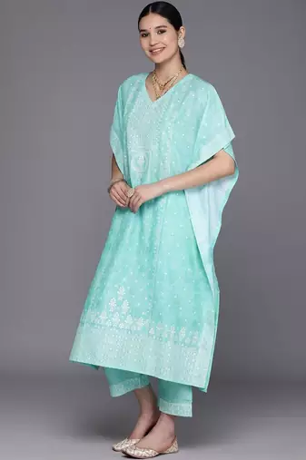 women ethnic motifs printed regular thread work kurta with trousers