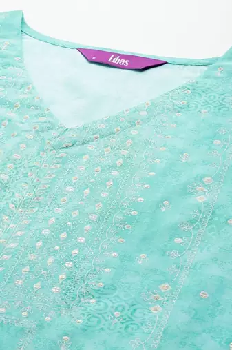 women ethnic motifs printed regular thread work kurta with trousers