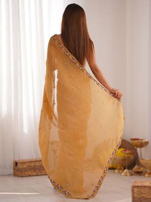 Mustard floral embroidered sequinned tissue saree 3