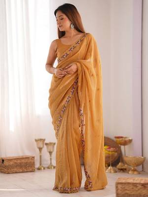 Mustard floral embroidered sequinned tissue saree 4
