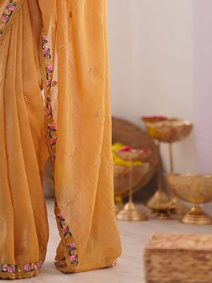 Mustard floral embroidered sequinned tissue saree 5