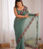Sea green solid embroidered tissue saree
