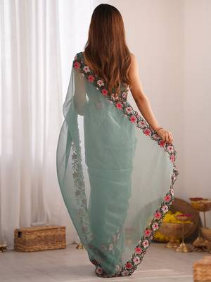 Sea green solid embroidered tissue saree 2
