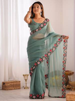 Sea green solid embroidered tissue saree 3