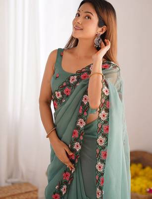 Sea green solid embroidered tissue saree 4