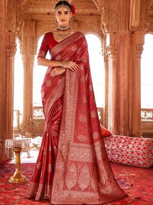 Red woven design zari art silk heavy work banarasi saree 1