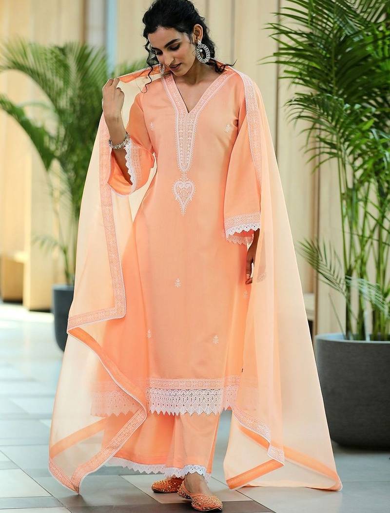 women ethnic motifs embroidered regular thread work kurta with palazzos & with dupatta