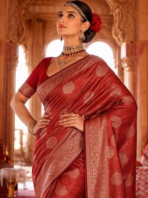 Red woven design zari art silk heavy work banarasi saree 2