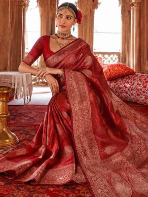 Red woven design zari art silk heavy work banarasi saree 4
