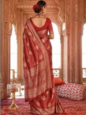 Red woven design zari art silk heavy work banarasi saree 5