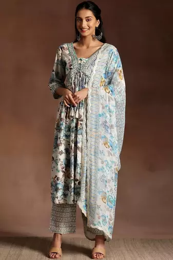 women floral printed empire kurta with trousers & with dupatta