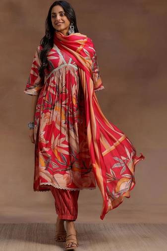 women floral printed empire kurta with trousers & with dupatta