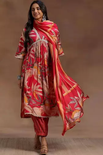 women floral printed empire kurta with trousers & with dupatta