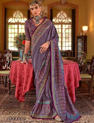 Purple ethnic motifs silk blend sungudi saree 1