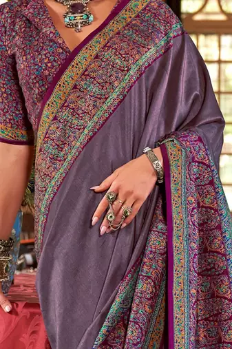 Purple ethnic motifs silk blend sungudi saree