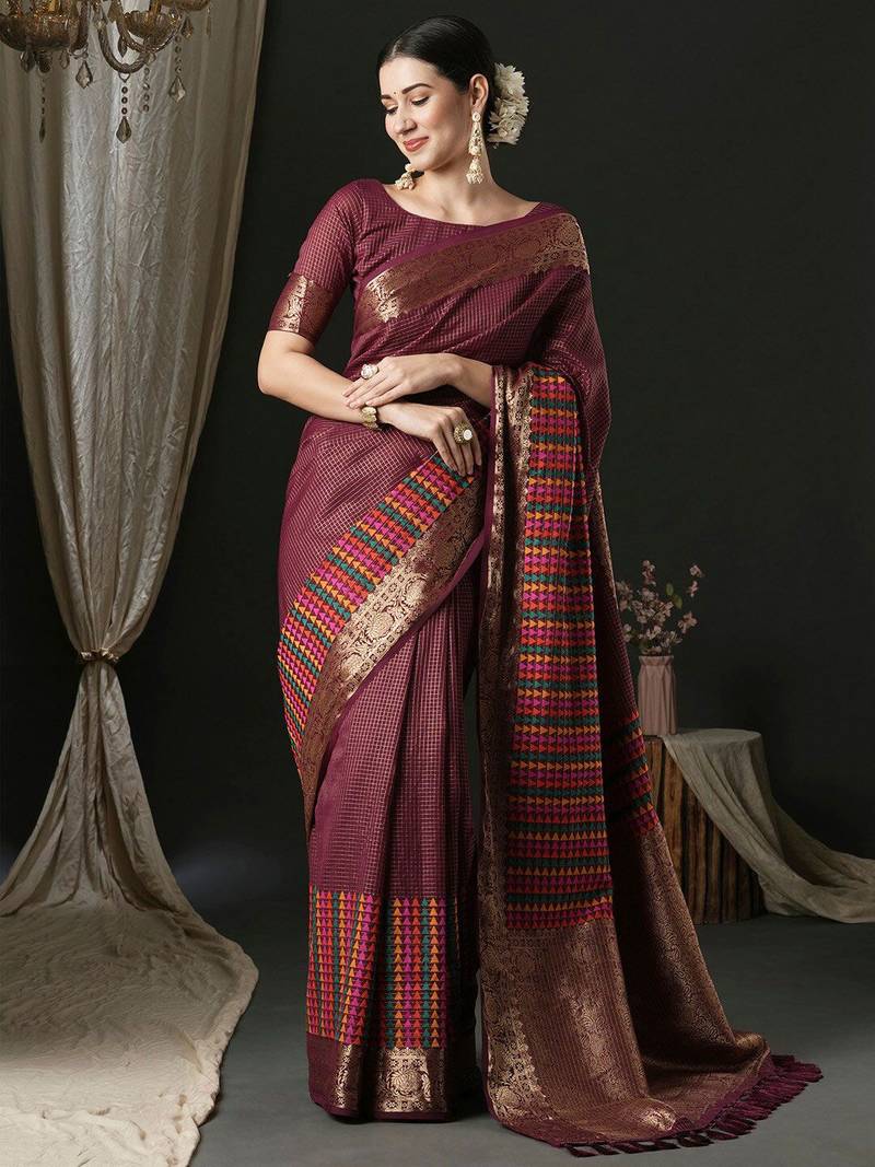 Magenta magenta ethnic woven design traditional wear saree