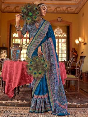 Blue ethnic motifs silk blend sungudi saree 1