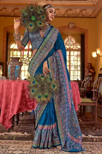 Blue ethnic motifs silk blend sungudi saree