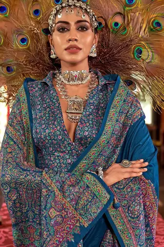 Blue ethnic motifs silk blend sungudi saree